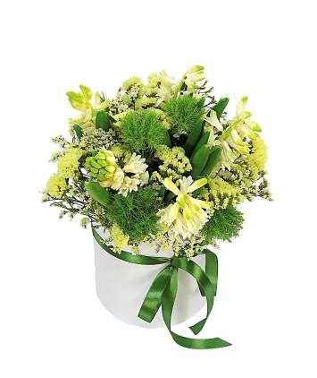 Gėlių kompozicija dėžutėje  su hiacintais 